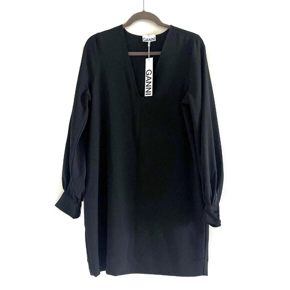 New Ganni Scarf Collar Crepe Dress in Black Size 4 - Picture 4 of 13